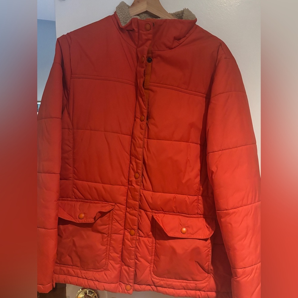 Lands’ End Orange Quilted Puffer Jacket Sherpa Collar Women’s M 10/12